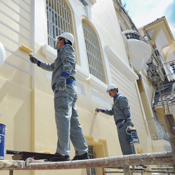 Pintor profesional pintando pared exterior con rodillo